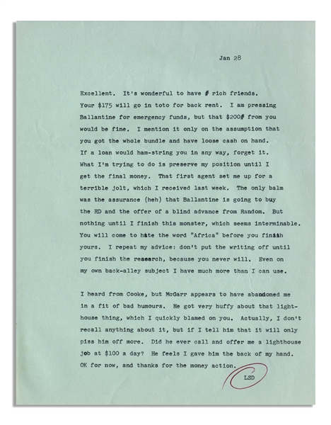 Hunter Thompson 1966 Letter Signed ''LSD'' in Type -- ''...The only balm was the assurance (heh) that Ballantine is going to buy the RD [Rum Diary] and the offer of a blind advance from Random...''